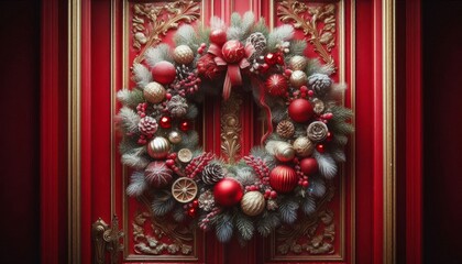 Christmas wreath with red and gold ornaments on decorative red door. Close-up view