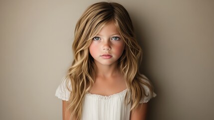 Adorable Little Girl Portrait White Dress Blonde Hair Soft Focus Warm Light