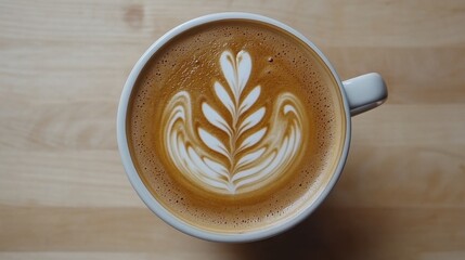 Top View of Latte Art in White Mug on Wooden Table