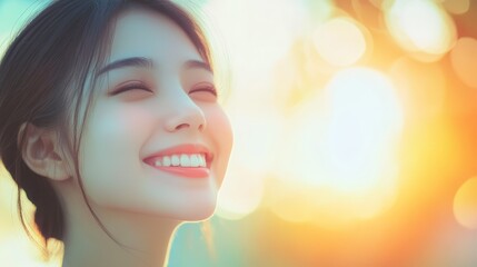 Fototapeta premium Radiant joy, woman's serene smile and the allure of hues in photography design