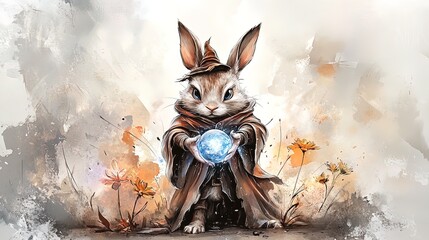 Enchanting Rabbit Mage with Crystal Ball: Perfect Poster for Whimsical Sports Interiors, Capturing Magical Energy and Nature's Glow!
