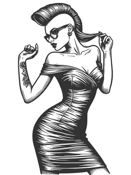 Stylish punk woman, mohawk and tattoos adjusting her glasses, alternative fashion sketch engraving generative ai fictional character vector illustration. Scratch board imitation. Black and white image