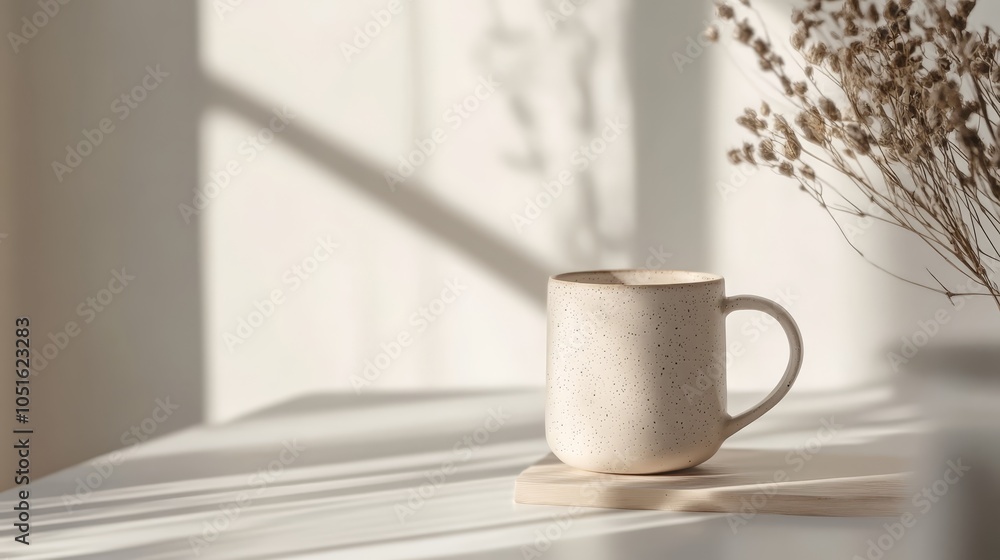 Poster clean and simple, a white mug on table study in minimalist design everyday functionality