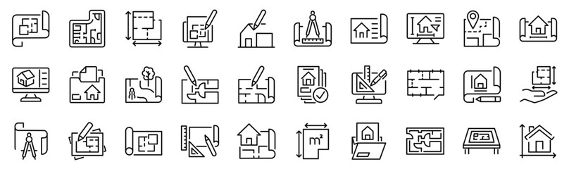 Set of 30 outline icons related to blueprint. Linear icon collection. Editable stroke. Vector illustration