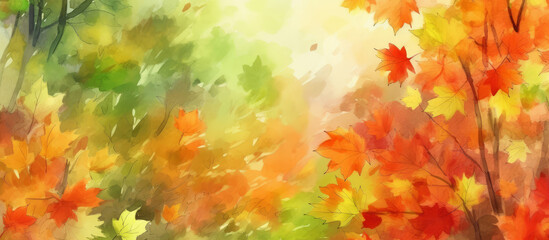 Autumn Embrace, Watercolor Forest Canopy with Leaves in Seasonal Transition. Banner