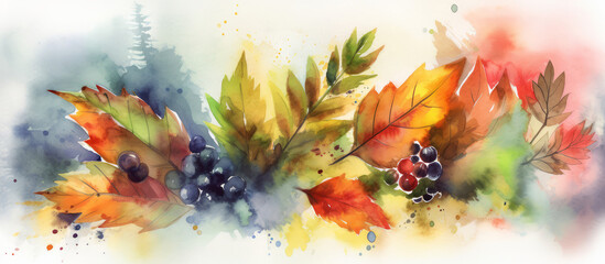 Harvest Symphony, Watercolor Leaves and Berries in Fall's Full Splendor. Banner