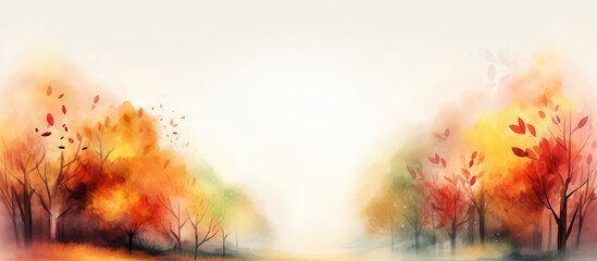 Watercolor Autumn Forest Scene with Falling Leaves. Banner