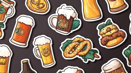 A colorful pattern of cartoon beer mugs, pretzels, and other German food and drink items.