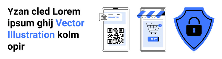 Smartphone displaying QR code a mobile shopping cart and a lock symbol on shield. Ideal for e-commerce data protection online shopping QR payment methods and cybersecurity. Banner for landing page