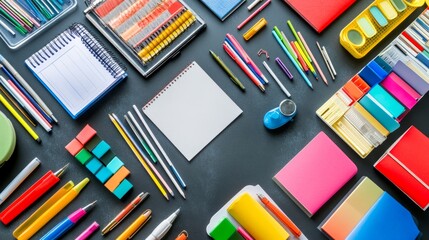 A beautifully organized home office with a bright desk, colorful stationery, and natural light streaming in. Open space available on the right for branding.