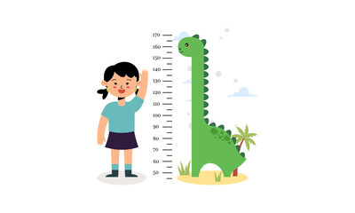 Cute Little Girl Measuring Her Height with Cute Animal Growth Ruler on White Background Illustration