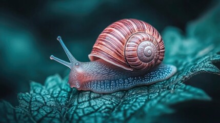 Close-up of a snail crawling on a green leaf with a blurred background.