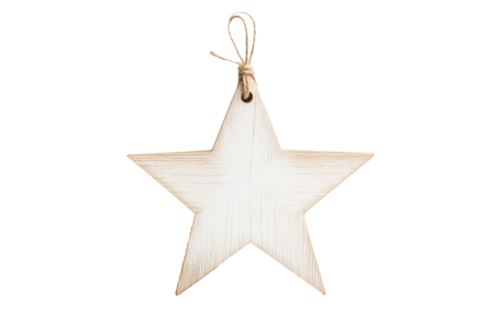 A wooden star ornament with a twine loop, isolated on white background, symbolizing Christmas simplicity and holiday decor.
