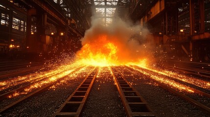Molten Metal Flowing Through Industrial Rails