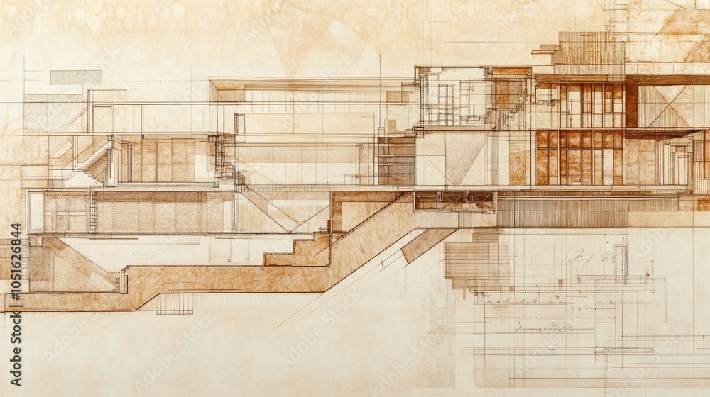 Poster a close-up of architectural plans showing both floor layouts and cross-sections of structural elemen