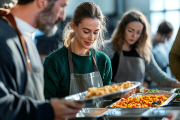 Volunteers serving food at a homeless shelter, with trays and warm meals
