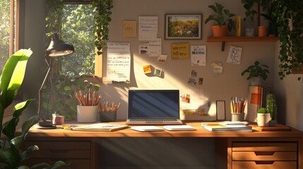 A cozy home office nook bathed in sunlight, with a desk cluttered with notebooks, a laptop, and a stylish desk lamp. Ample space at the top for branding.