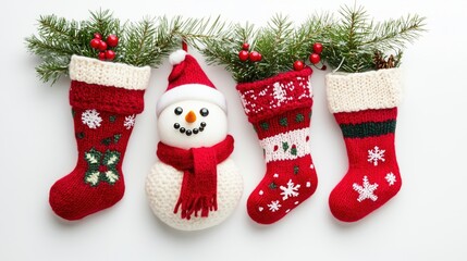 Christmas stockings, snowman decoration, festive greenery, holiday cheer