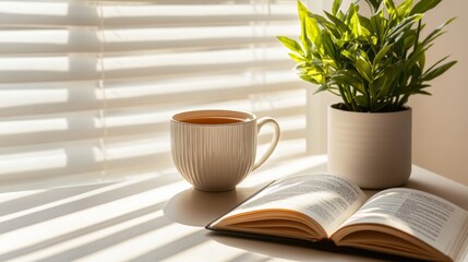 A detail shot of a sunlit desk in a home office, featuring a cup of tea, an open book, and a small plant. Space at the bottom for captions or logos