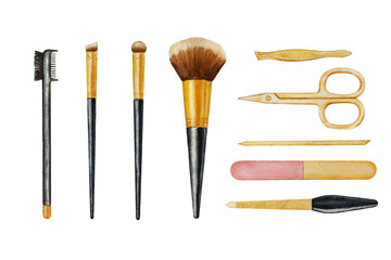 Set of brushes and manicure accessories. Hand drawn watercolor illustration