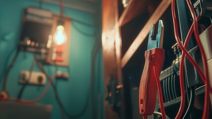 A close-up of wire strippers hanging beside colorful electrical wires in a dimly lit workspace, highlighting a tool used for electrical projects.