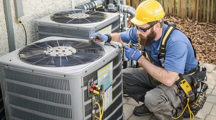 A technician performs maintenance on outdoor air conditioning units while wearing a safety helmet and harness.
