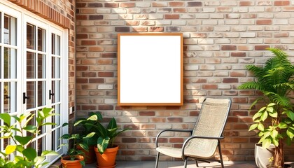 Blank Frame on Outdoor Brick wall with Green Plants and Decor