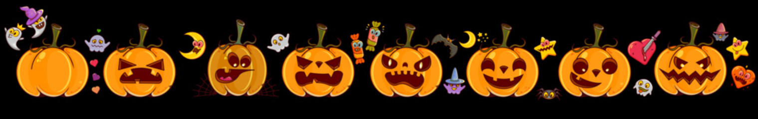 Set pumpkins isolated on black background. Orange pumpkins with smile, ghosts, spiders, witch hats for your design for the holiday Halloween. October holiday design elements. Vector illustration.