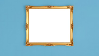 Blank Golden Picture Frame on Light Blue Wall
