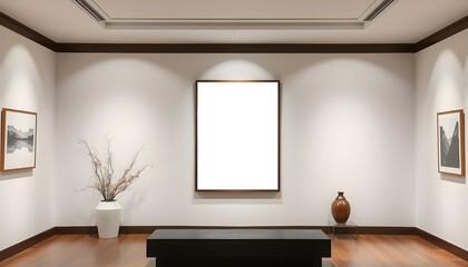 Blank Vertical Frame in upscale Gallery with focused lighting and minimal decor