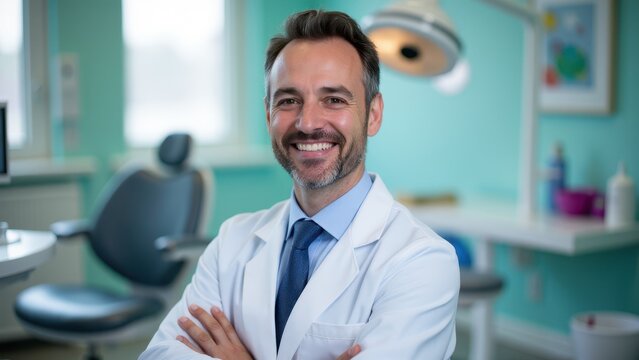 Professional denist in a clean dental office, ready to assist patients.