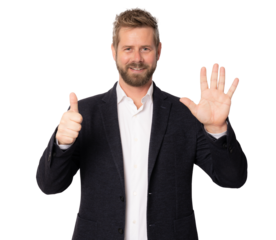 Adult business man over isolated transparent background showing and pointing up with fingers number six while smiling confident and happy.