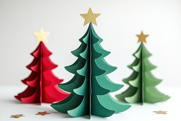 Fototapeta premium 3D Christmas tree with a star on top, green and red glitter paper trees for table centerpieces, party decorations, and kids' crafts
