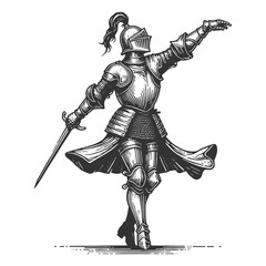 Obraz premium knight in full armor dancing joyfully, medieval imagery with playful, humorous elements sketch engraving generative ai raster illustration. Scratch board imitation. Black and white image.