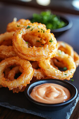 A pile of greasy onion rings with a side of dipping sauce