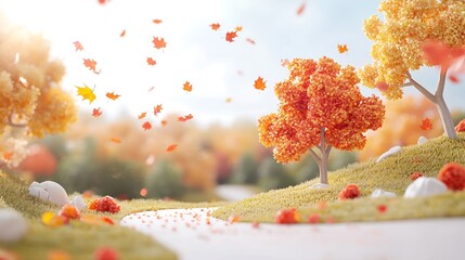 A serene landscape featuring a golden-hued forest in autumn, with vibrant orange and red leaves falling gently from the trees. A winding path leads into the distance, inviting viewers to explore the