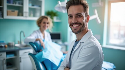 Fototapeta premium Confident denist with a welcoming smile, seated in a contemporary clinic.