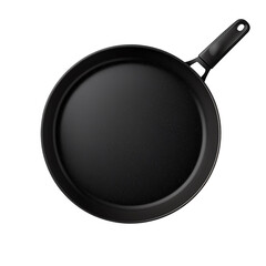 Black frying pan on white isolated background, high-quality kitchen equipment.