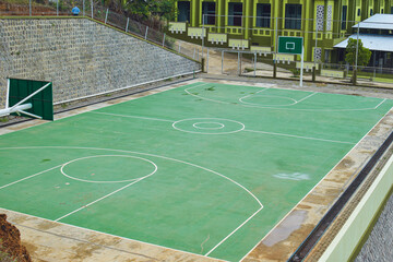 An outdoor basketball court with a green surface, white lines, and a hoop at one end.
