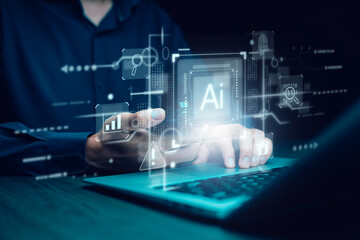 Programmer people working laptops or smartphones with AI, artificial intelligence software engineer coding on laptop computers with technology icons and binary code, big data, Ai bot digital machine