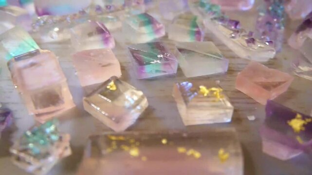 綺麗なパステルの輝く琥珀糖が並んでいる