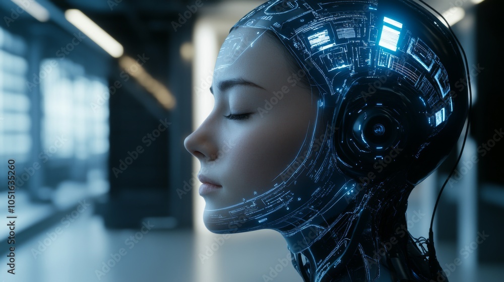 Poster futuristic ai model with digital interface visualization