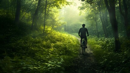 Obraz premium Young man biking through forest. 