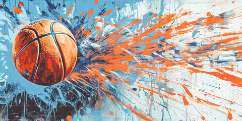 Abstract painting of a basketball in motion with orange and blue splashes on a textured background.