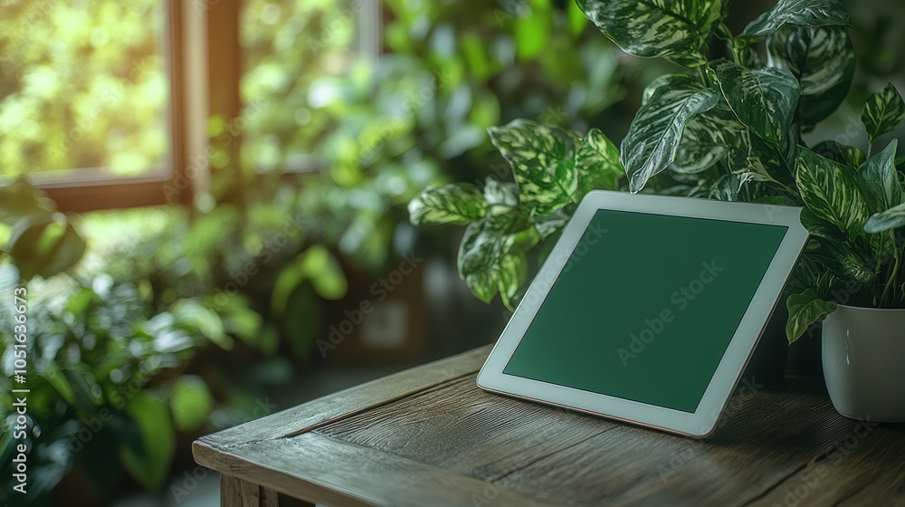 Poster tablet computer resting on a wooden table surrounded by greenery