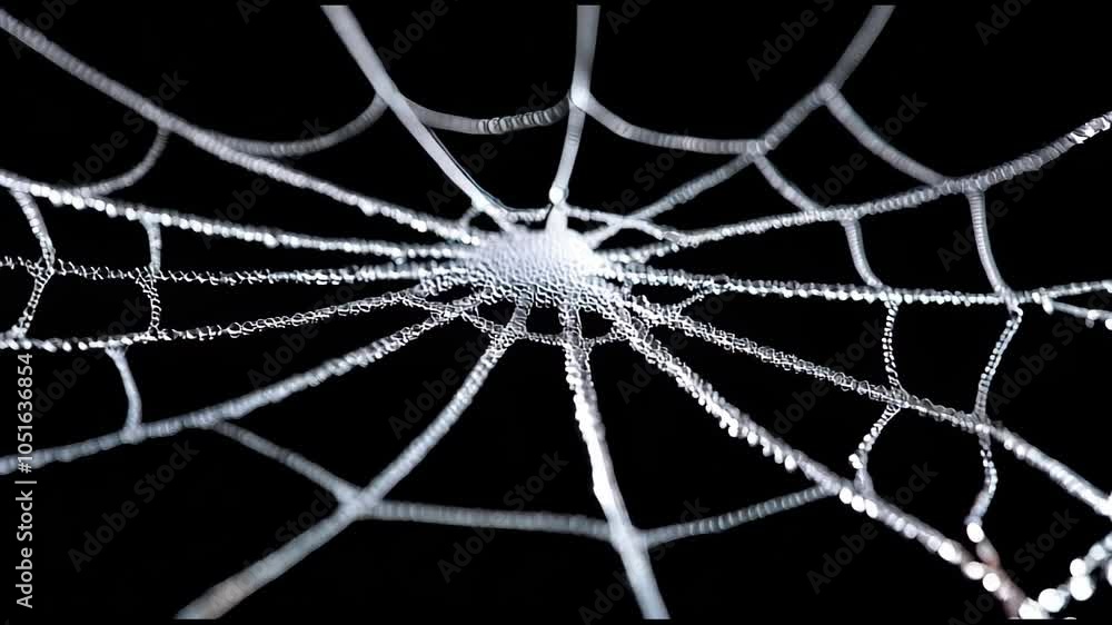 Poster intricate spider web with dew droplets on a dark background