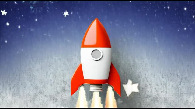 Vibrant rocket launching against a textured wall with stars and clouds