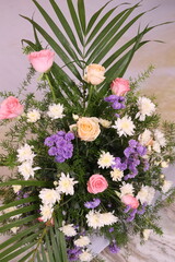 flower decoration in a wedding stage, multi color rose bouquet
