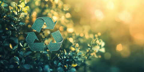 Green recycling symbol hovering over a blurred natural background, representing eco-friendly initiatives and sustainability.
