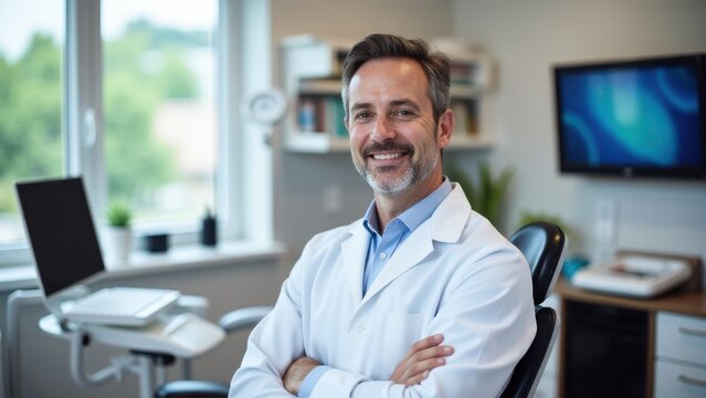 Friendly denist with arms crossed, creating a comforting atmosphere in a well-equipped clinic.